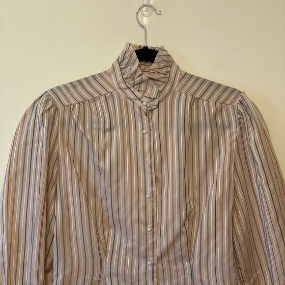 Vintage M Patti pink black long sleeve button down blouse Barbie Stripe corpcore - Picture 2 of 8